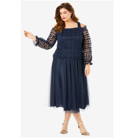 Roaman's Dresses & Skirts - Roaman's Lace Overlay Cold Shoulder Midi Dress